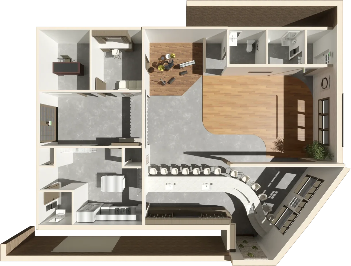 Three-dimensional cutaway overview of a floor plan