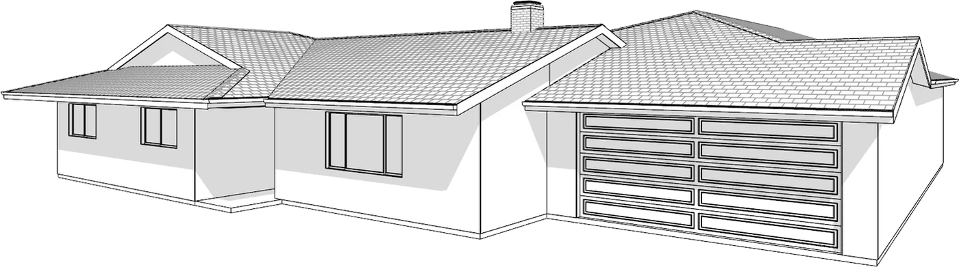 Black and white line rendering of a single-storey house with a hipped roof and a three-car garage