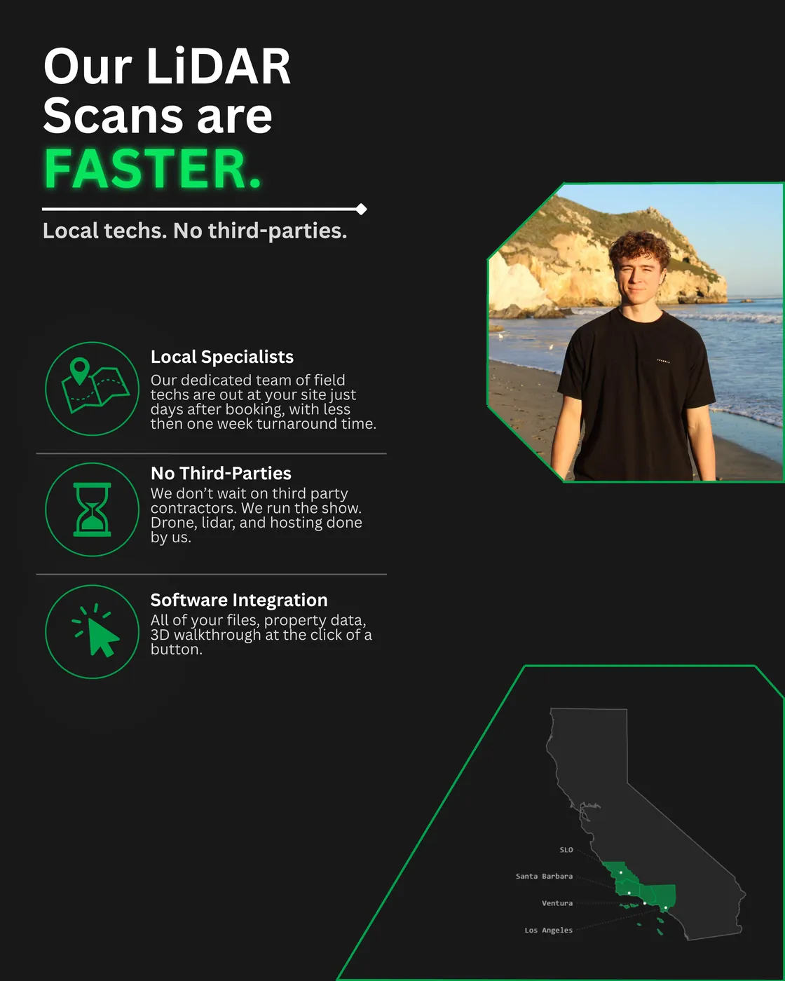 Our LiDAR scans are faster. Local techs, no third parties: local field specialists, no outside contractors, and software integration for files, data and 3D walkthroughs.