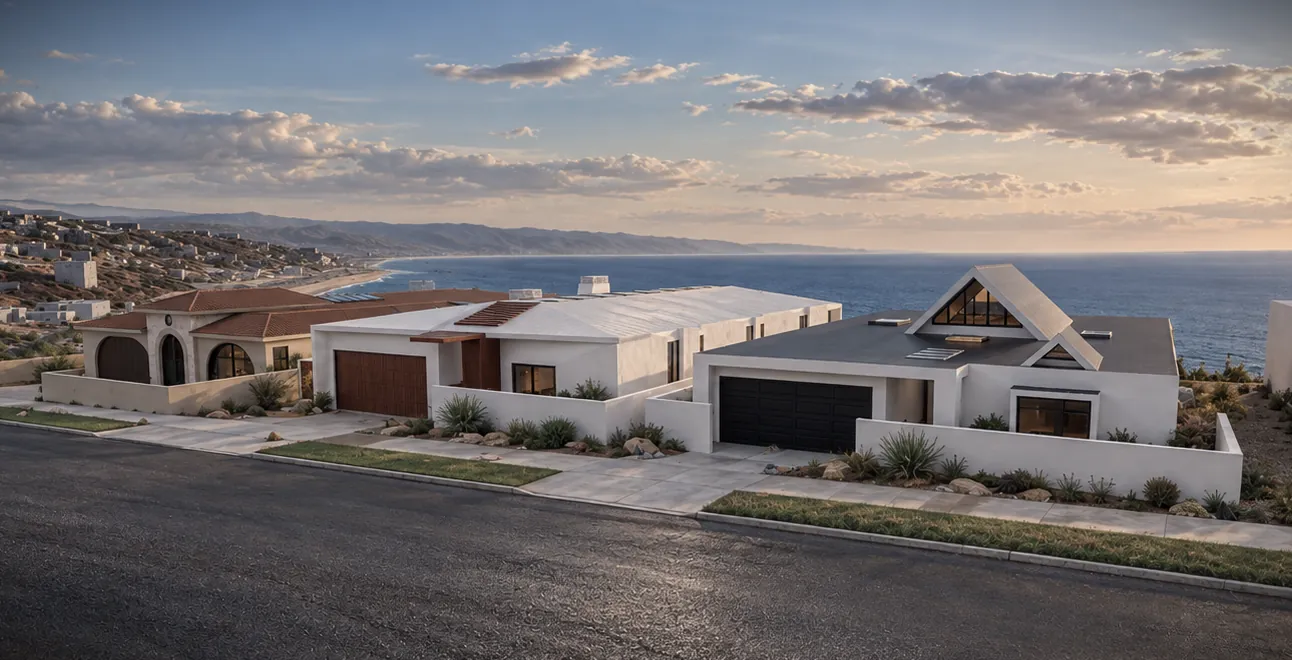 Photoreal rendering of a white oceanfront home at dusk, seen from the street