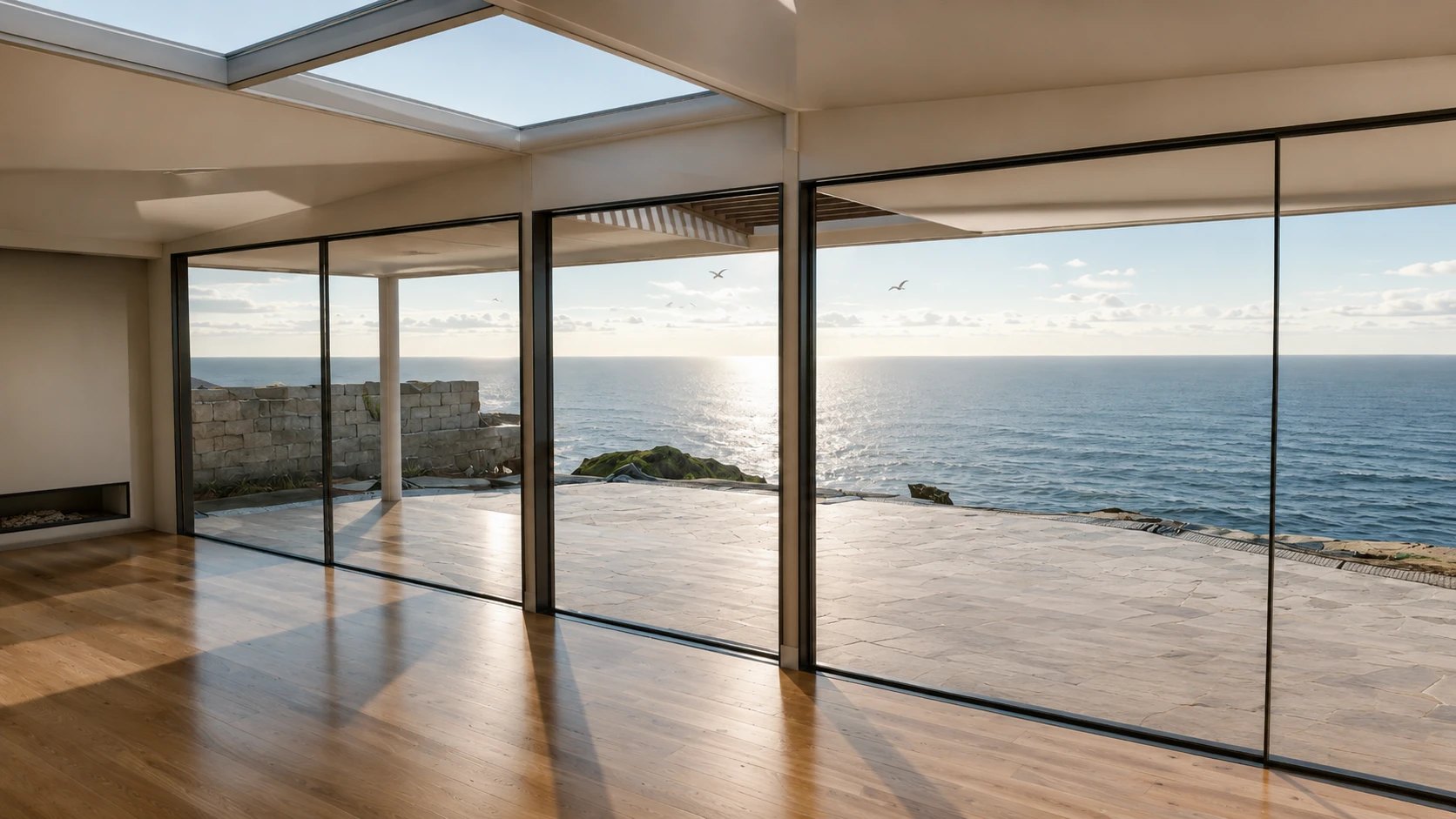 Interior rendering of an oceanfront living room framed by floor-to-ceiling glass